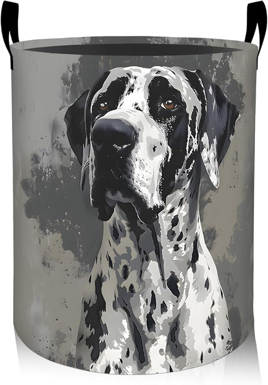 Elegant Great Dane Dog Laundry Basket, Oxford Cloth Minimalist Dirty Clothes Collapsible Hamper for Room Decor, Puppy Portrait Print Gifts Toy Organizer 19.7*15.8 Inch for Bedroom Bathroom Dorm