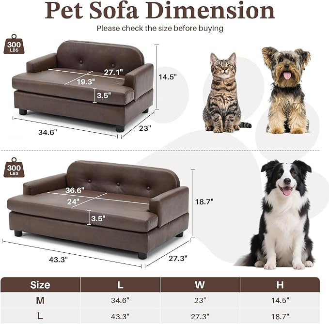 Luxury Dog Sofa Bed Elevated Pet Couch with Durable Waterproof Leather & Orthopedic Sponge - Modern Furniture Style Dog Lounge & Pet Bedside Step for Medium/Large Dogs, Brown