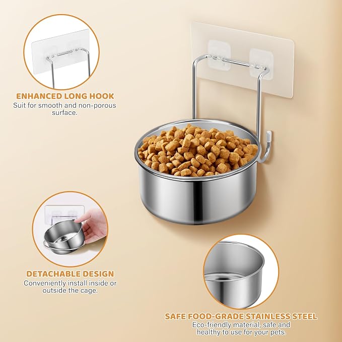 2 Pcs Small Wall Mounted Cat Bowls, Elevated Hanging Puppy Food and Water Bowls Stainless Steel Non-Spill Kitten Feeding Dish with Wall Mounted Hook for Small Pets (M (5.5x2.1'' & 4.7x2''))