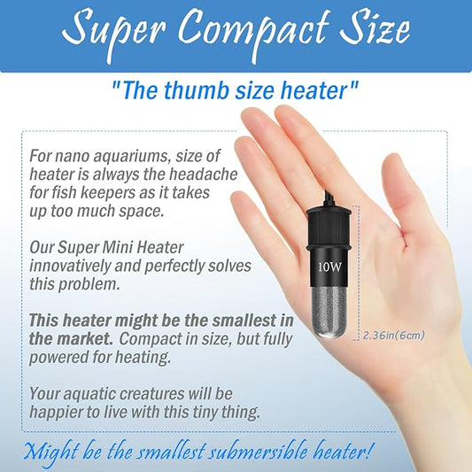 Super Mini Aquarium Heater 10W Betta Heater for 1-2 Gallon Tanks, Small Fish Tank Heater Turtle Heater with Dry-Run/Overheat Protection, Memory Function