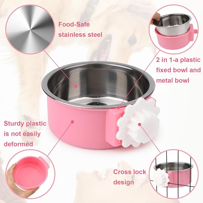 Hypeety Dog Crate Water Bowl No Spill - Hanging Attachable Pet Bowls for Kennel Durable Stainless Steel Food Water Dishes for Small Dogs Cats Rabbits Parrots with Non-Slip Base (Blue+Pink)
