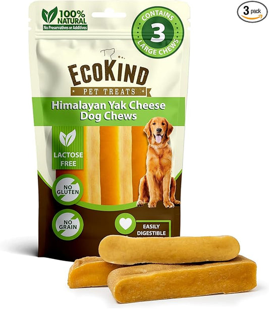 EcoKind Premium Gold Yak Cheese Himalayan Dog Chews, Dog Treats Large Breed, All Natural, High Protein, for Aggressive Chewers, Large - 3 Chews