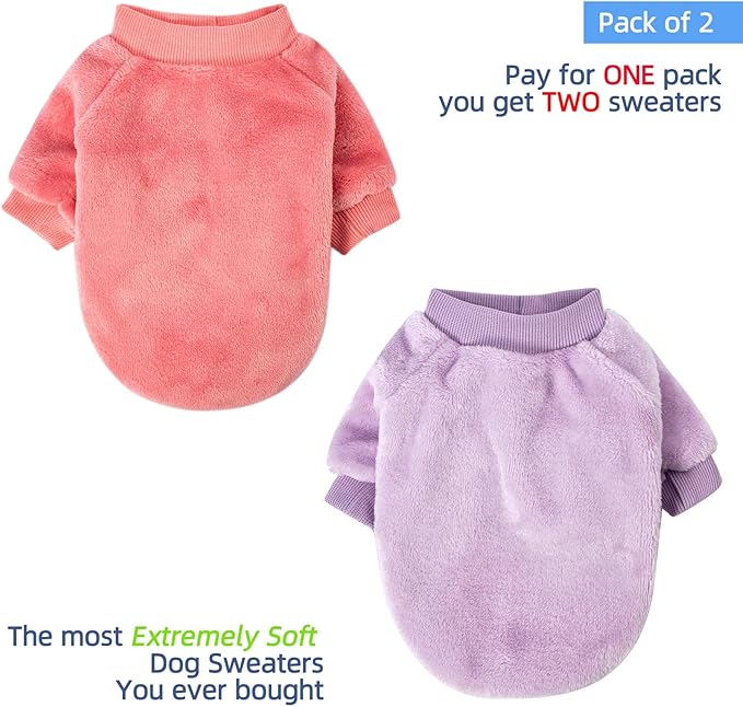 FabriCastle Dog Sweater, 2-Pack Dog Clothes, Soft and Warm Pet Jackets XXS XS for Small Dogs Girl & Cats, Winter Pet Apparel Costumes, Puppy Outfits (Pink,Light Purple, X-Small)