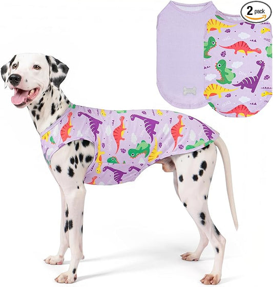 KYEESE 2Pack Dog Shirt, Lightweight Sun Protection Dog T Shirts for Medium Large Dogs Boy Girl, Breathable Mesh Tank Top Sleeveless Pet Reflective Vest, Soft Summer Dogs Clothes, Dinosaur+Purple, 2XL