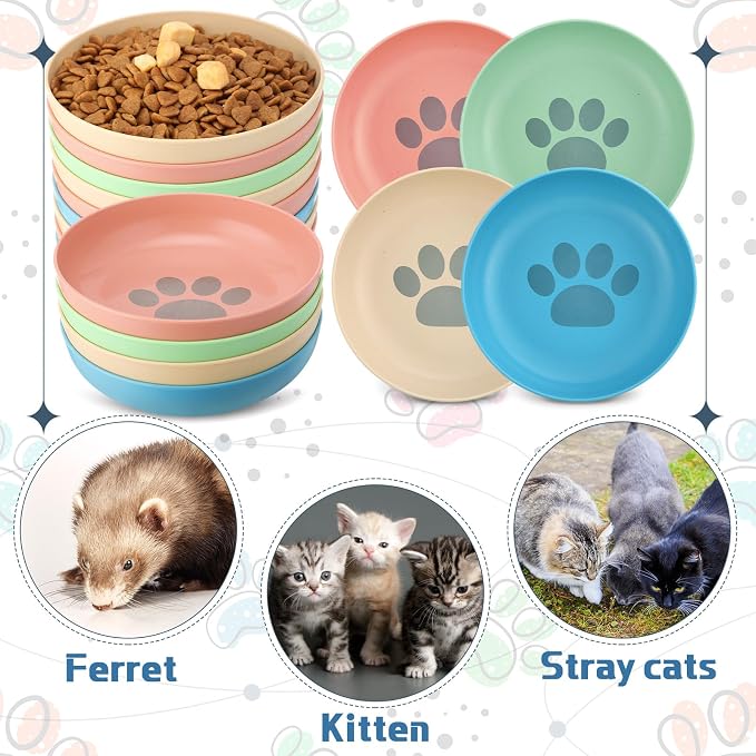 Tioncy 24 Pcs Cat Food Bowl 5.5'' Fatigue Relief Shallow Cat Food Dish Wide and Small Pet Wet Plate Wide Stray Wet Feeding Bowl for Ferrets Feral Short Legged Kitten, Wheat Straw(Four Color,Cute)