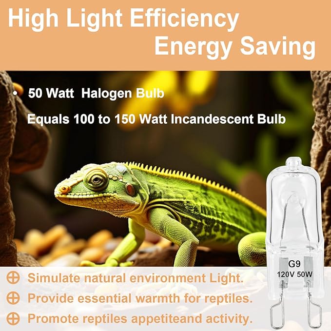 G9 Heat Lamp Bulbs for Reptile,Day White, Mini Halogen Bulb 50W, Infrared Reptile Heat Lamp for Bearded Dragon Gecko Turtle Lizard, Pack of 2