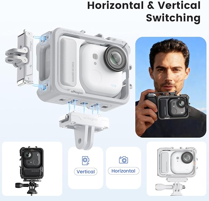 Cage for Insta360 Go Ultra Accessories, Protective Horizontally-Vertically Shoot Case for Insta360 Go Ultra, with Cold Shoe Mounts, 1/4" Threads, Quick Release Mounts Adapter, Ultra-Light (White)