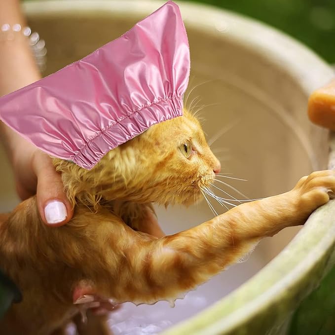 Pet Shower Cap Waterproof Reusable Bath Ear Covers with Adjustable Strap Cat Dog Bathing Hat for Ears Protection Elastic Headgear for Cat Dog Kitten Puppy (Pink,S (10.2''-12.6''))