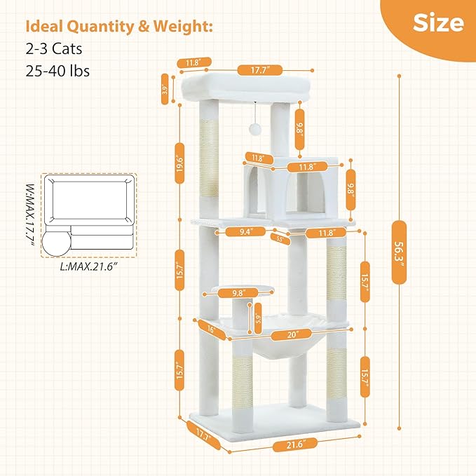 PETEPELA 56.3'' Tall Cat Tree for Indoor Large Cats, Multi-Level Cat Tower with Super Large Hammock (20''X16''), Sisal Covered Scratching Posts, Cozy Condo and Top Perch,White