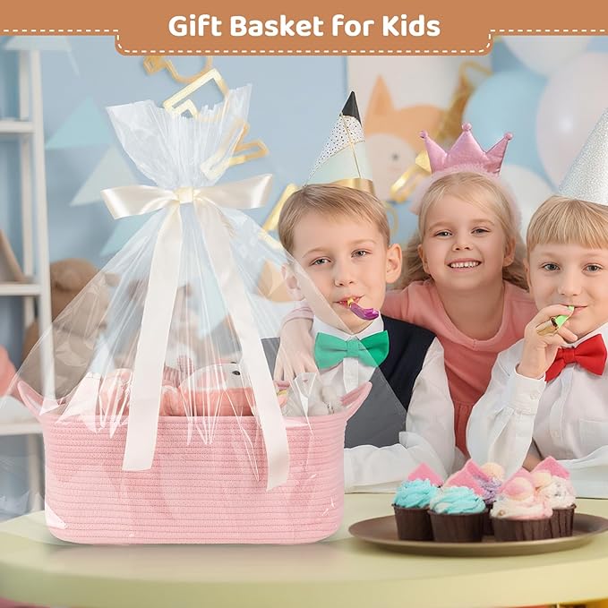OIASKET Large Empty Gift Baskets for Baby Shower, 16.5" L x 12.6" W x 7" H Cute Woven Storage Basket with Gift Bags and Ribbons, Small Rope Toy Basket with Handles, Cat Dog Pet Toy Organizer - Pink