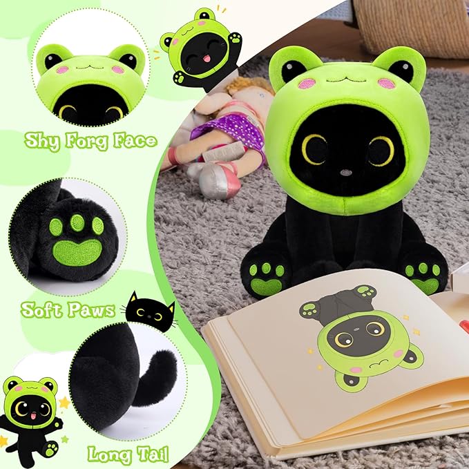 Frog Plush Toy, Cute Black Cat Plush with Removable Frog Hat, 8" Soft Plushie Cute Stuffed Animal Pillow for Kids, Birthday Gift for Boys and Girls and Adults