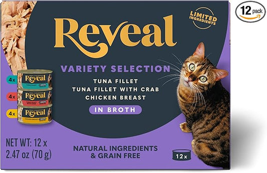 Reveal Natural Wet Canned Cat Food, 3-Flavor Variety Pack, Limited Ingredient, Grain Free, High Protein with No Artificial Additives, Fish and Chicken Variety in Broth, (12 x 2.47 oz Cans)