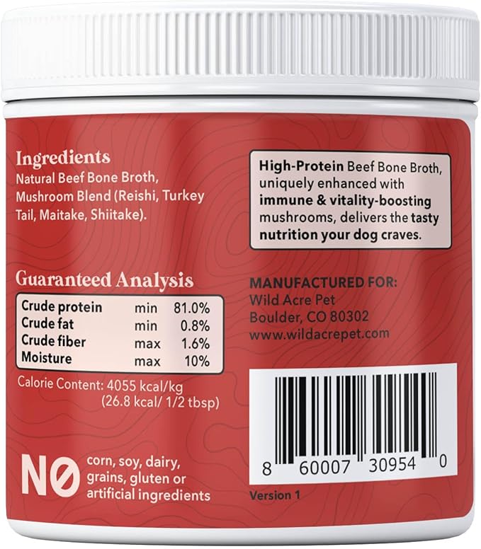 Wild Acre Premium Beef Bone Broth for Dogs – High Protein + Collagen Enhanced with Mushroom Blend for Strong Bones, Joint Flexibility, Digestive Comfort, and Immune Support - Natural Dog Food Topper
