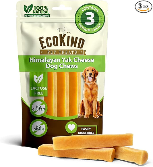 EcoKind Premium Gold Yak Cheese Himalayan Dog Chews, Dog Treats for Medium Dogs, All Natural, High Protein, for Aggressive Chewers, Medium - 3 Chews