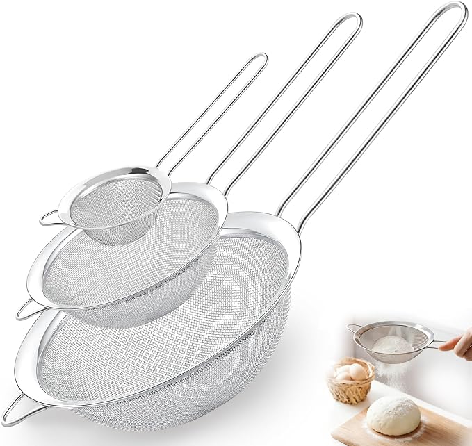 Fine Mesh Strainer Set of 3, Stainless Steel Sieve Sifters with handle, Small Medium Large Size, Kitchen Strainers Colander Set for Sifting, Straining & Cooking