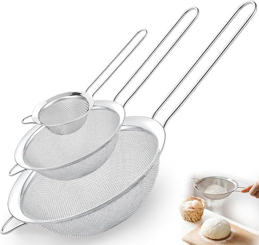 Fine Mesh Strainer Set of 3, Stainless Steel Sieve Sifters with handle, Small Medium Large Size, Kitchen Strainers Colander Set for Sifting, Straining & Cooking