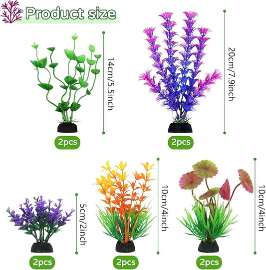 QUOZUO Fish Tank Decorations - 10 Pcs Colorful Aquarium Plants, Plastic Accessories, Mini Plants for Aquarium Decor