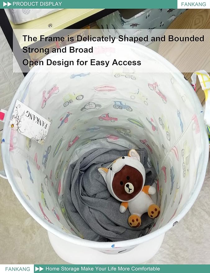 Storage Basket, Nursery Hamper Canvas Laundry Basket Foldable with Waterproof PE Coating Large Storage Baskets for Kids Boys and Girls, Office, Bedroom, Clothes,Toys（Car）