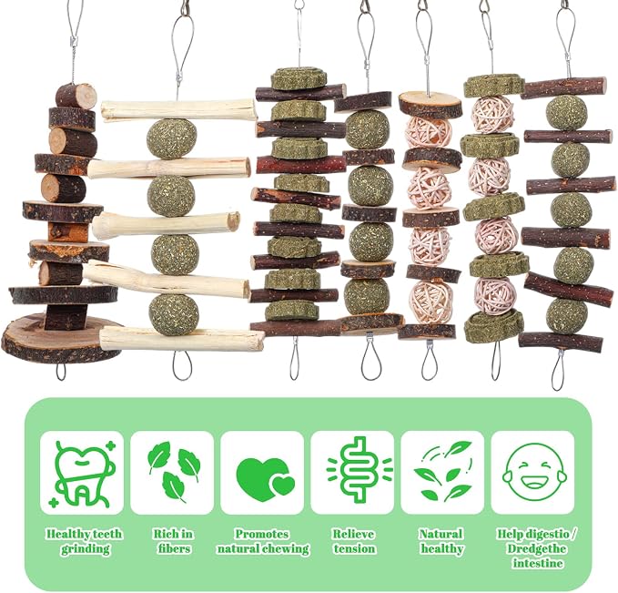 7 Pcs Bunny Chew Toys, Natural Apple Wood Hanging Rabbit Chew Toy Treats for Guinea Pigs Hamsters Chinchilla Ferret Rats, Improve Small Animal Dental Health for Teeth Grinding