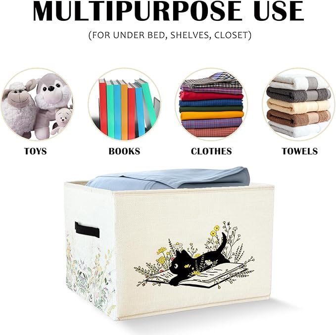 Black Cat Floral Storage Basket Bins With Handles for Girls Kids, Floral Cat Foldable Organizer Basket Toybox for Girls Room Nursery Bedroom Bathroom Clothes Toys Books