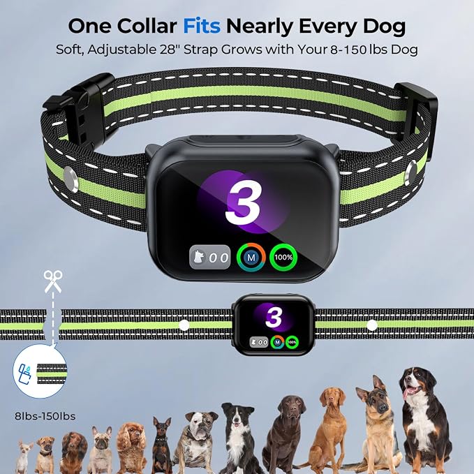RPZ Smart Dog Bark Collar for Small Medium Large Dogs 8-150 Lbs, Green | Rechargeable anti barking collar with bark count tracking, 4 training modes, 3 sensitivity levels and IP67 waterproof