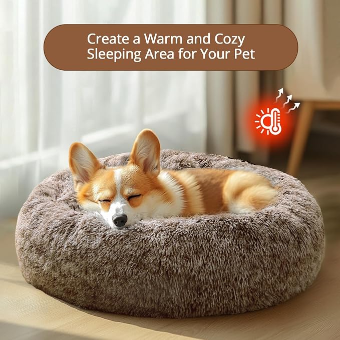 JOLLYVOGUE Calming Dog Bed Medium Size Dog, 31in Donut Washable Medium Pet Bed, Anti-Slip & Anti-Anxiety Fluffy Faux Fur Round Dogs Bed, Fits up to 45 lbs Pets (Smoke Brown)