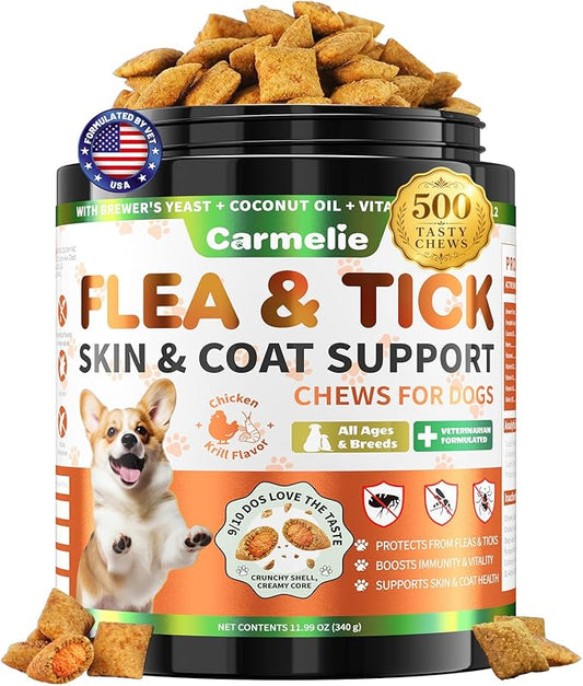 Flea and Tick Prevention for Dogs Chewables, 500ct Dog Flea and Tick Treatment with Multivitamins - Support Skin & Coat - Tasty Treats for All Breeds - Crunchy & Savory Chicken and Krill Flavor
