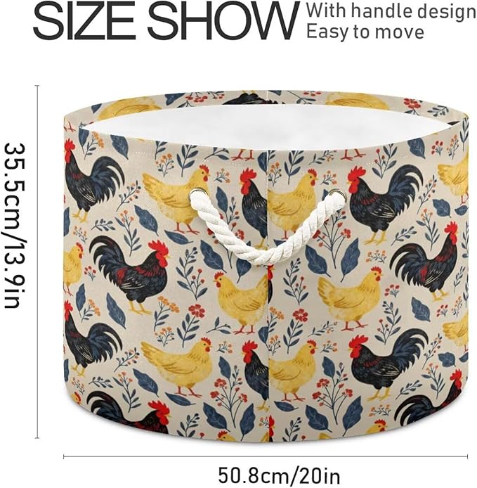 Chicken Rooster Print Round Storage Basket Hen Flower Large Laundry Hamper 20 x 20 x 14 Inches Organizer Bin with Cotton Rope Handles Clothes Storage Bag for Nursery Bedroom Living Room Decor