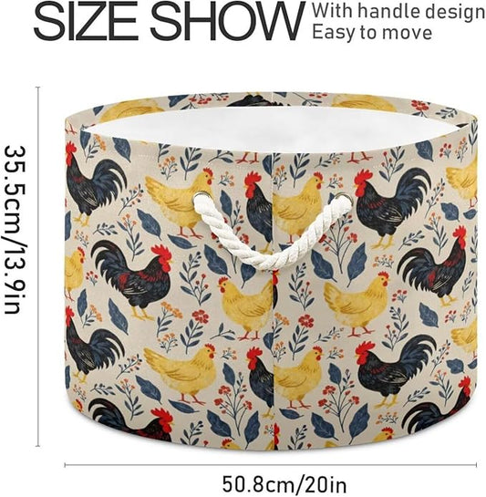 Chicken Rooster Print Round Storage Basket Hen Flower Large Laundry Hamper 20 x 20 x 14 Inches Organizer Bin with Cotton Rope Handles Clothes Storage Bag for Nursery Bedroom Living Room Decor