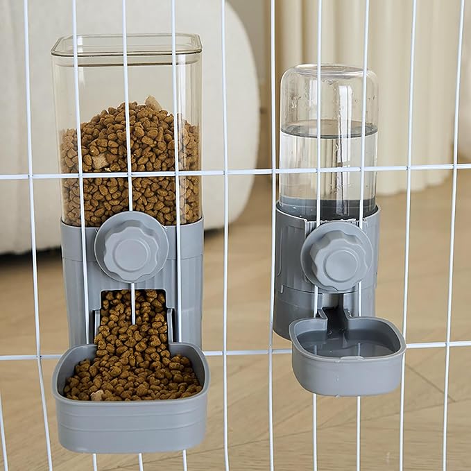 Hanging Automatic Food Water Dispenser,Rabbit Feeder Guinea Pig Water Bottle Food Feeder for Ferret Guinea Pig Rabbit Bunny Cage Accessories (Grey)