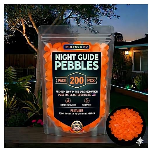Glow in The Dark Garden Stones Pebbles Colorful, Night Guide Luminous Pebbles Rainbow Glow in the Dark Stepping Rocks Outdoor Landscaping Glowing Stones Fish Tank Aquarium Decor (Orange, 200pcs)