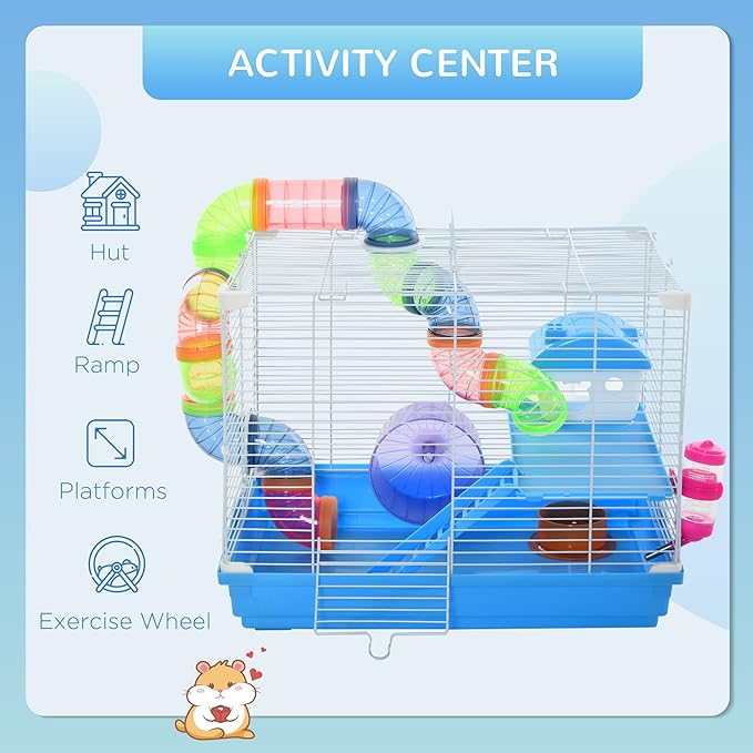 PawHut 2-Level Hamster Cage Rodent Gerbil House Mouse Mice Rat Habitat Metal Wire with Exercise Wheel, Play Tubes, Water Bottle, Food Dishes, & Interior Ladder