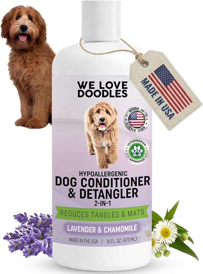 We Love Doodles Dog Conditioner & Detangler, 2-in-1 Conditioner for Allergies & Itching, Lavender and Chamomile, Made in USA, Dog Lotion Treatment, Perfect for Poodles, Doodles & Goldendoodles,16oz