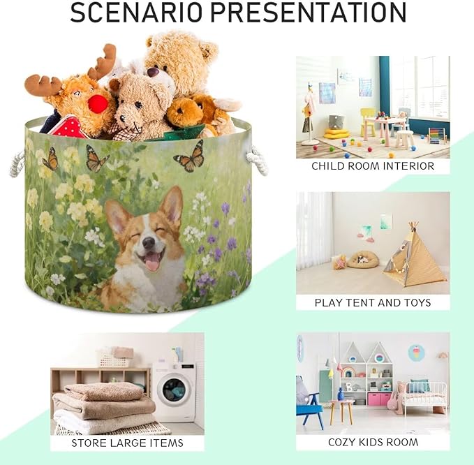 Joyful Corgi Print Round Storage Basket Dog Flower Garden Large Laundry Hamper 20 x 20 x 14 Inches Organizer Bin with Cotton Rope Handles Clothes Storage Bag for Nursery Bedroom Living Room Decor