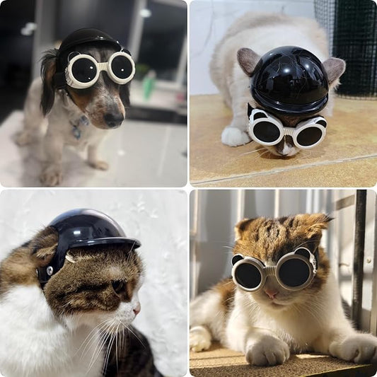 Extra Small Dog Goggles and XSmall Dog Helmet, 2Pcs Anti-UV Doggy Sunglasses Cat Motorcycle Protecetive Helmet Set, Chihuahua Safety Hard Hat Outdoor Head & Eyes Protection, White XS