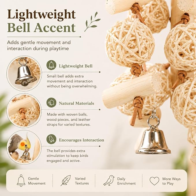 2-Pack Natural Bird Toy Set for Small to Medium Birds, Rattan Ball & Sola Hanging Toys with Pumice Stone, Enrichment Cage Accessories for Cockatiels, Budgies, Conures, Lovebirds