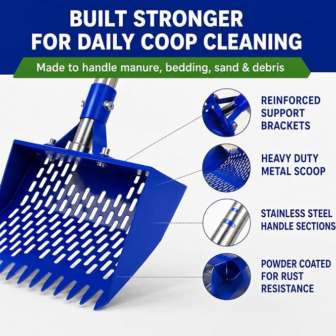 Chicken Poop Scooper with 74" Adjustable Handle – Heavy Duty Metal Chicken Coop Cleaner, 10.2" Wide Sifting Scoop with Built-in Rake & Hook for Sand, Pine Shavings & Manure
