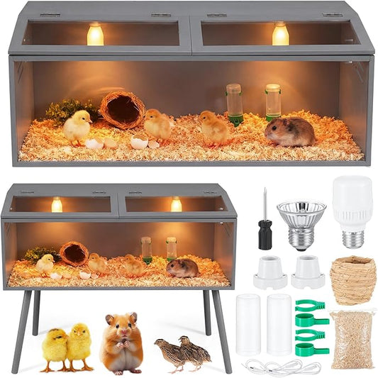 CroBlissful 40 x 16 x 16 in Brooder Kit Box for Chicken Quails Indoor Outdoor with Leg Stand Sliding Door, Bulb Set and Feeder, Baby Chicken Coops for Ducks, Hamsters, Lizards, Mice, Rat(Grey)