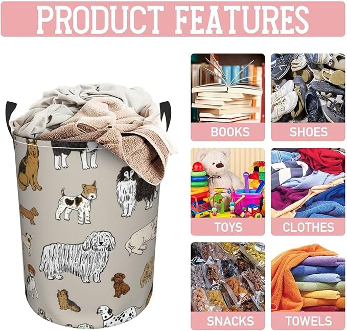 Cute Dogs Print Round Laundry Hamper Storage Basket Toys Clothes Organizer Bin For Home Bathroom Bedroom Dorm Nursery, 62l