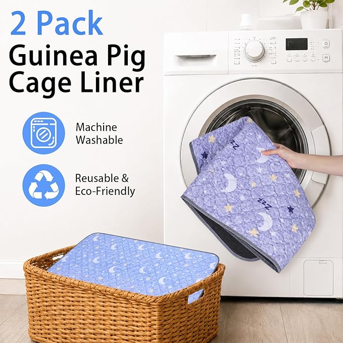 Guinea Pig Cage Liner 2 Pack Super Absorbent Washable Guinea Pig Pee Pads Waterproof Reusable Anti Slip Bedding Pee Pad Mat for Rabbit Bunny Rat Cat (Stars&Moon, 28" x 14" (2 Pack))