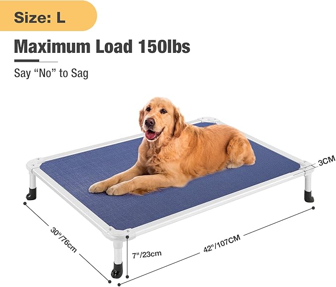 Veehoo Chew Proof Elevated Dog Bed - Cooling Raised Pet Cot - Silver Aluminum Frame and Durable Textilene Mesh Fabric, Unique Designed No-Slip Feet for Indoor or Outdoor Use, Blue, Large, CWC2003