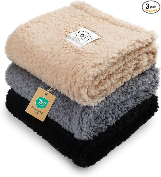 1 Pack 3 Calming Blankets Fluffy Premium Fleece Pet Blanket Soft Sherpa Throw for Dog Puppy Cat Beige/Black/Grey Small (23" x16'')