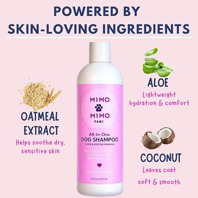 Dog Shampoo & Conditioner with Oatmeal, Aloe & Coconut 16 oz, All-in-One for Long, Curly, Short & Wavy Coats, Sensitive Skin, Sulfate & Paraben Free, Made in USA