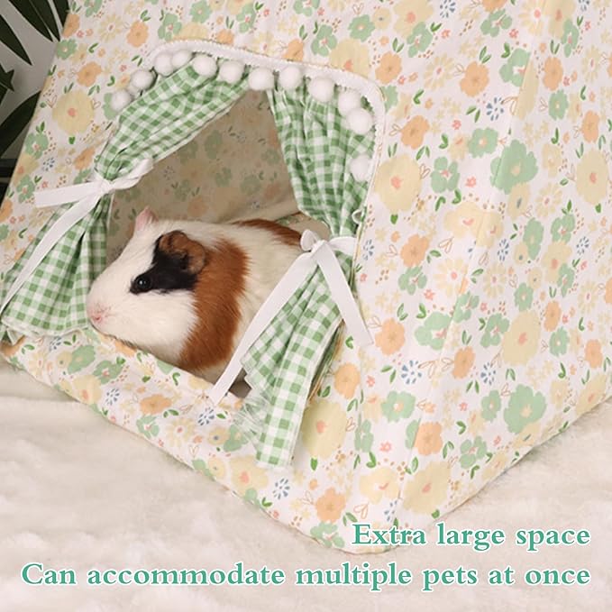 Hamster Hideout Tent with Curtain,Bunny Hideout, Machine Washable Guinea Pig Hide Tent Houses & Habitats, Triangular Hideout Shelter Small Animal Bed,Ferret, Rat, Chinchilla, Squirrel（flower）