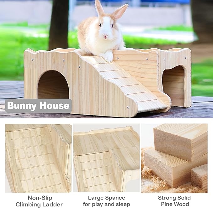Large Rabbit Hideout Thicken Hard Wooden Bunny House Castle Climbing Tower Detachable Playhouse Ventilated Guinea Pig Wooden Hideout for Hamster Chinchilla (Slide Style)