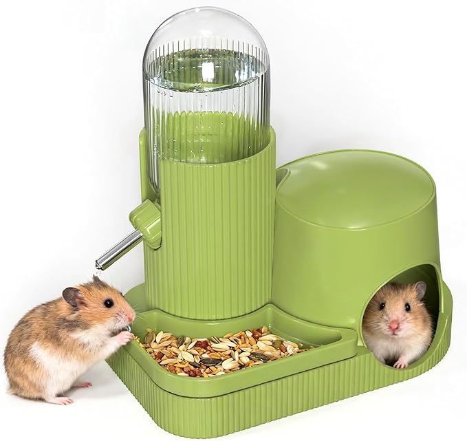 3 in 1 Hamster Water Bottle No Drip Automatic Water Dispenser with Food Bowl Container & Hideout Base Hut for Dwarf Hamster Mouse Rat Gerbils Mice Cage Accessories (Green)