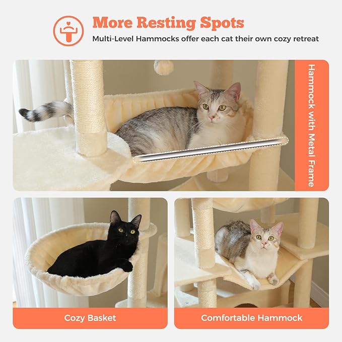 MUTTROS Large Cat Tree for Big Cats & Multi-Cat Homes, 81 Inch Tall Cat Tower with Sturdy Metal Hammock, 6 Sisal Scratching Posts, 2 Cozy Condos, 2 Top Perches - Multi-Level Cat Tower, Beige