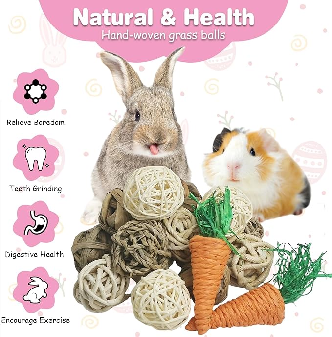 kathson 17 Pcs Natural Rabbit Chew Toys Guinea Pig Toys Small Animal Play Ball Bunny Activity Chinchilla Rolling Toy Gnawing Treats Grass Balls for Pet Rat Hamsters Gerbils Mice Cage Entertainment