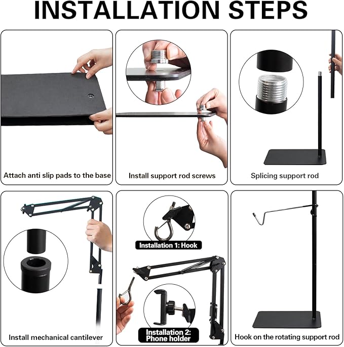 Reptile Heat Lamp Stand Adjustable Height 15.7-65.7 Inch Double Hooks Floor Light Holder with 360° Swing Arm and Phone Bracket for Reptile Glass Terrarium Heating Light, Black