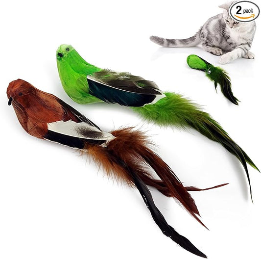 TTcat 2 Pcs Real Feather Cat Bird Toys Realistic Simulation Bird Cat Toys with Bells for Indoor Cats Kittens.